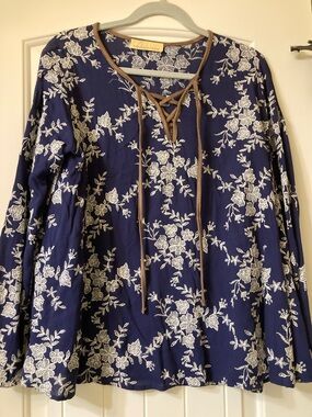 Navy Floral Boho Top with Floral Embroidery Print
